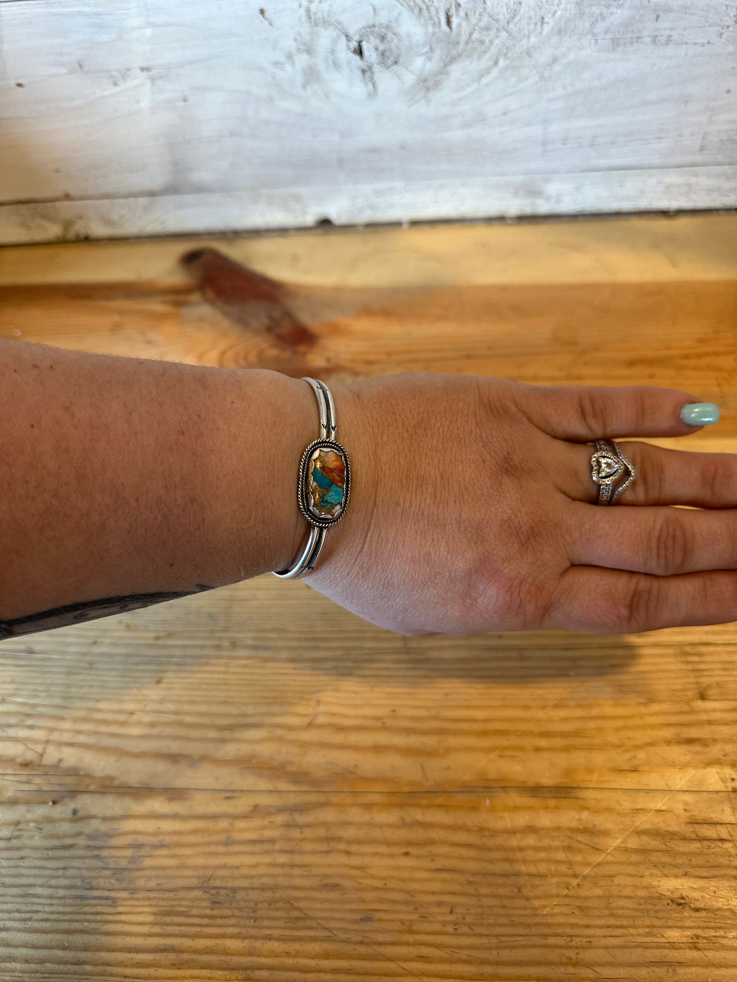Spiny Oyster and Turquoise Stamped Cuff