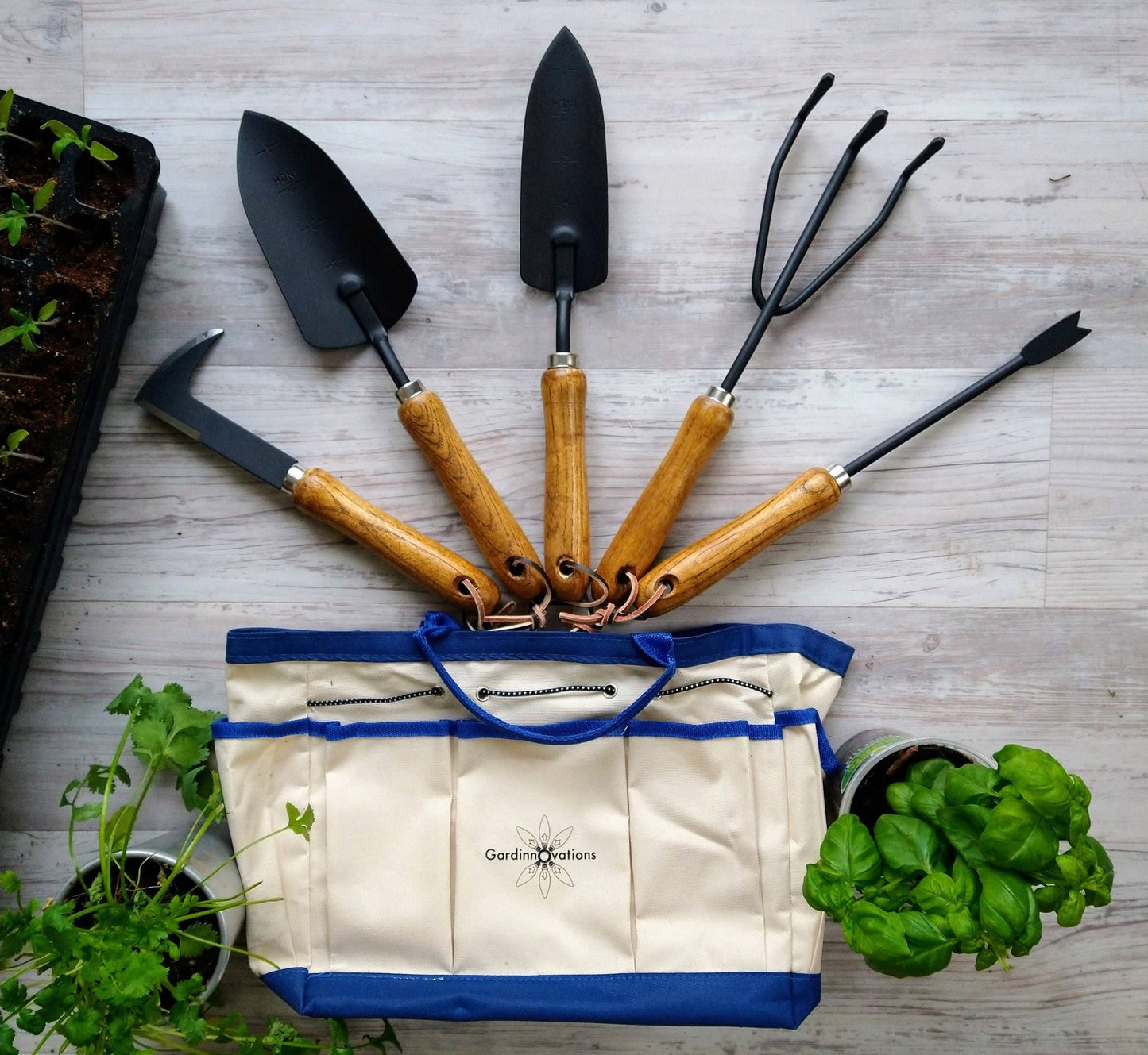 Garden Tools Set with Wooden Handles and Leather Hangs