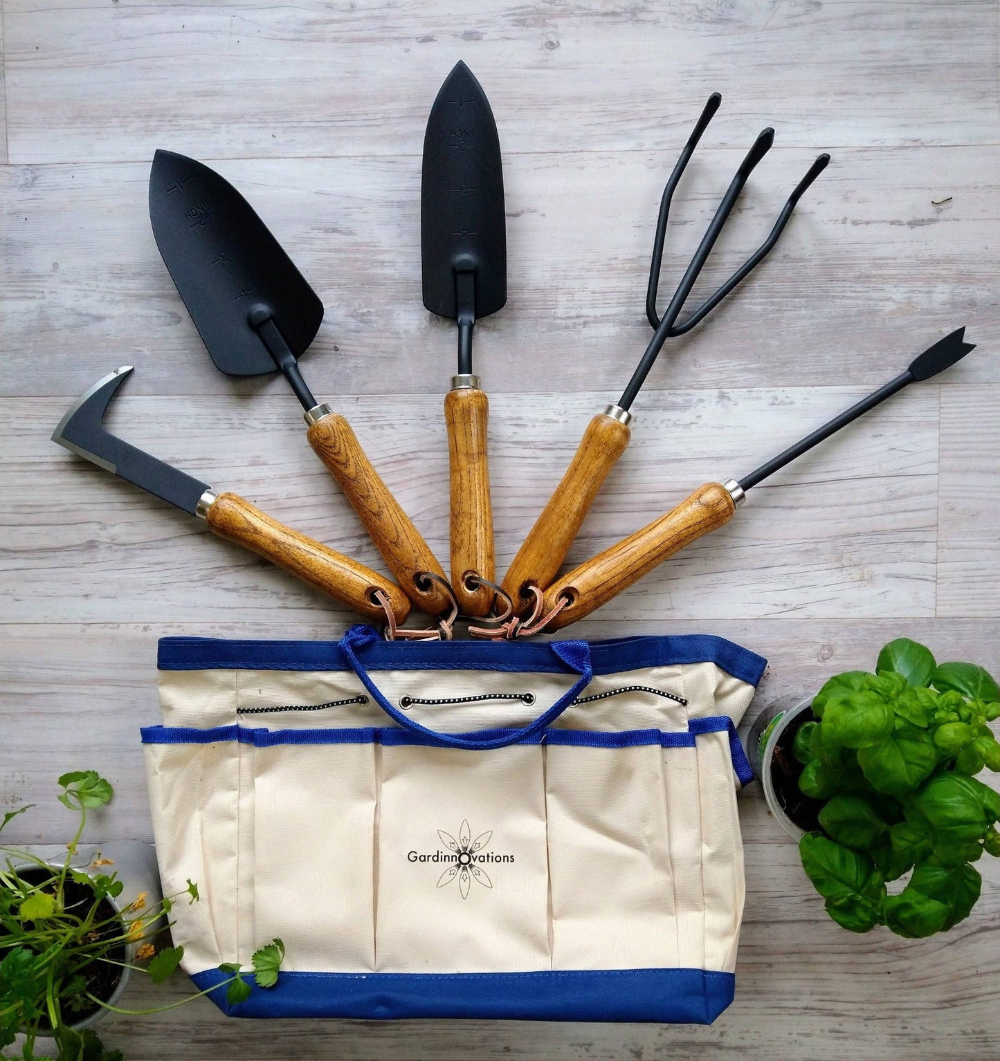 Garden Tools Set with Wooden Handles and Leather Hangs