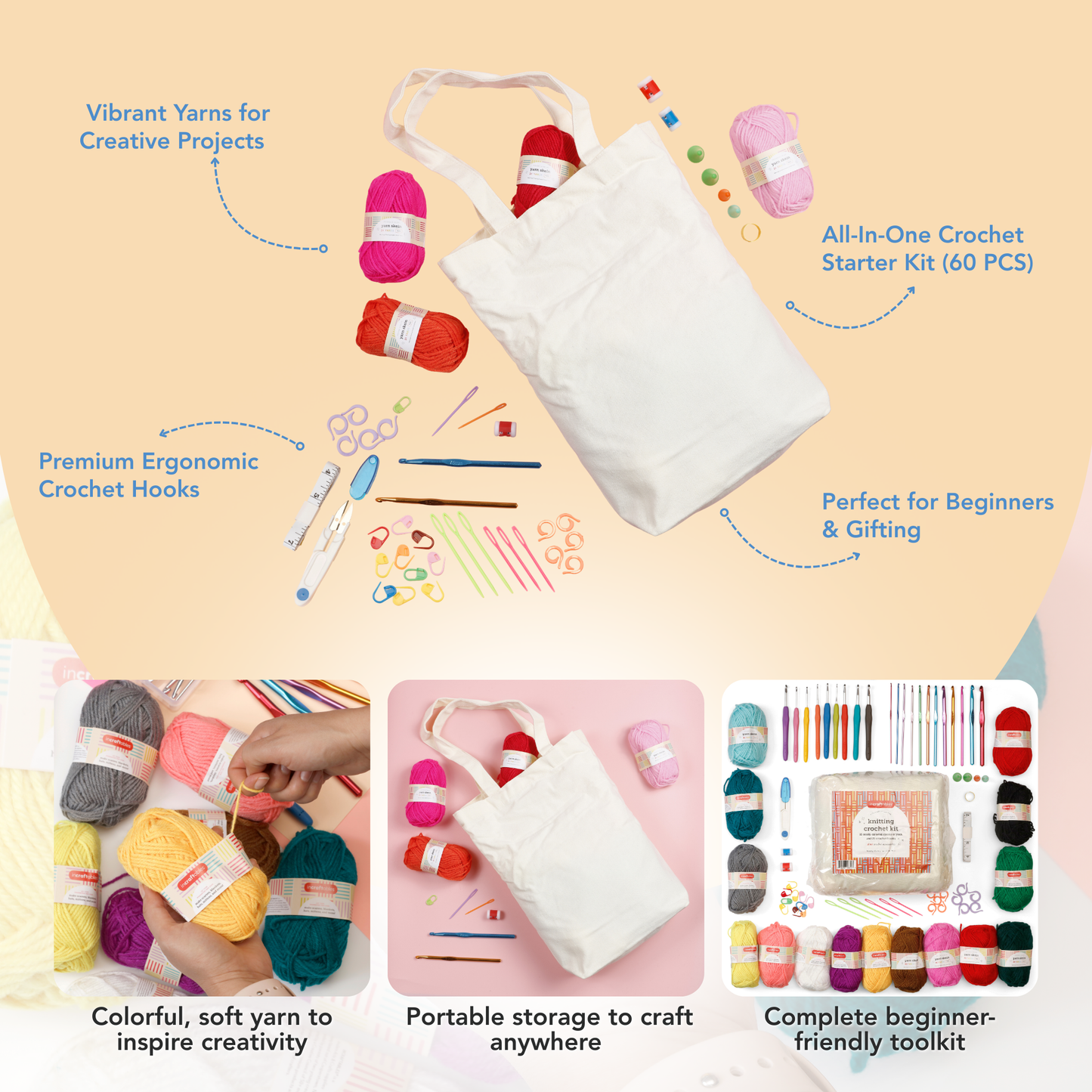 Incraftables 85pc Beginner Crochet Kit – Yarn, Hooks & Tote